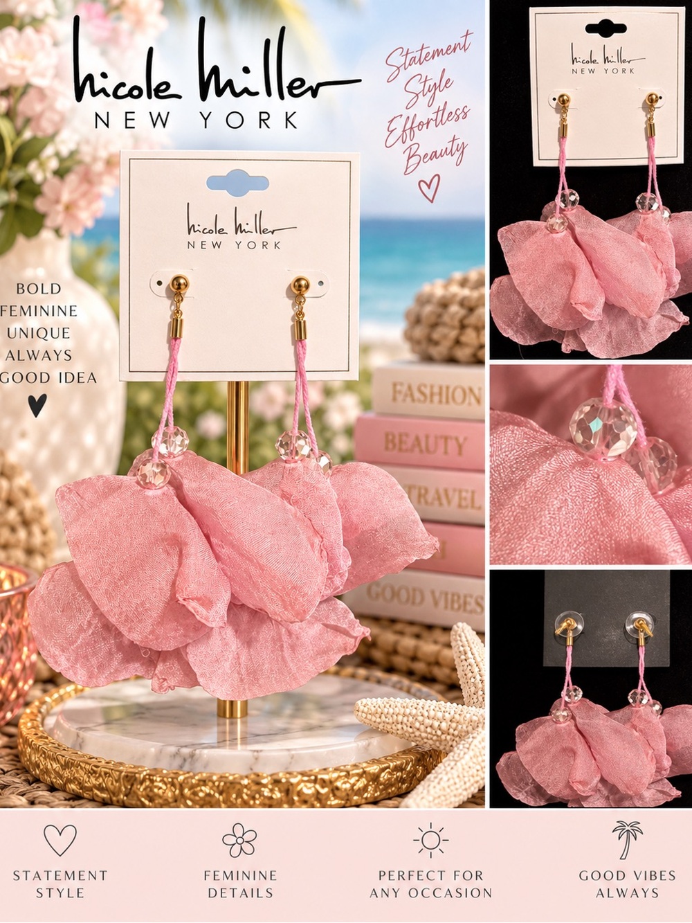 Nicole Miller New York Pink Floral Petal Statement Drop Earrings